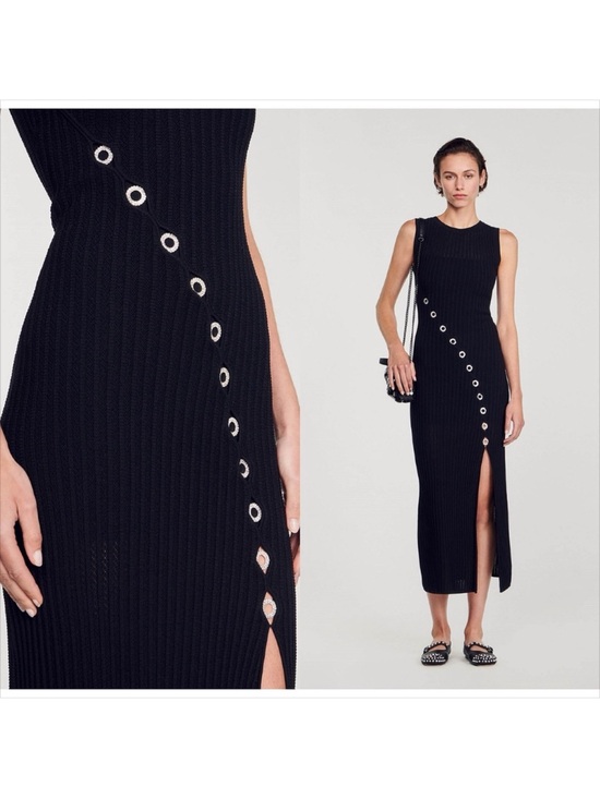Sandro Dresses & Skirts - Sandro sleeveless Black Ribbed Midi Dress with Diagonal Eyelet Detail!NWT 36